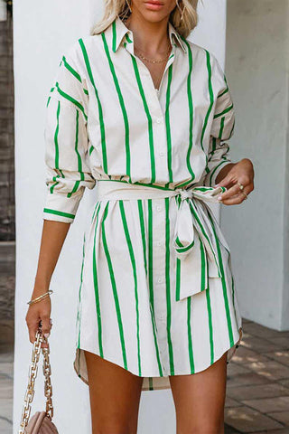 Sonicelife hoco dresses Green Striped Print Lace-up Shirt Dress