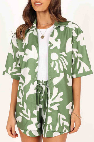 Sonicelife-Green Printed Short Sleeve Button Shorts Set