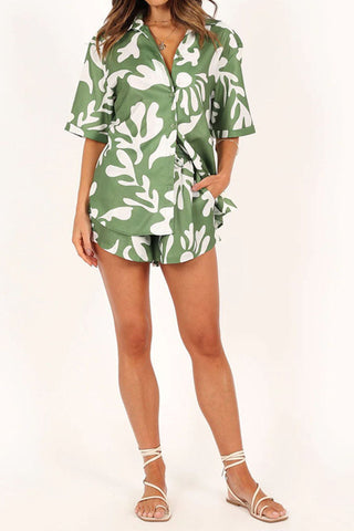 Sonicelife-Green Printed Short Sleeve Button Shorts Set