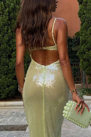 Sonicelife-Green Sequin Backless Bodycon Cami Dress