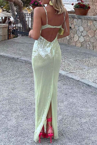 Sonicelife-Green Sequin Backless Bodycon Cami Dress