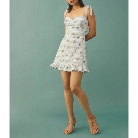Sonicelife hoco dresses-Casual Dresses For Women 2024 Elegant Sweetheart Neck Sleeveless Tie Strap Summer Dress Floral Print Plaid Ruffle Hem Mini Dress