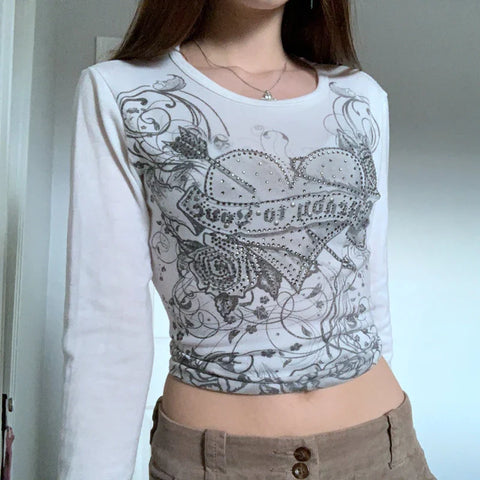 Sonicelife y2k Fairy Grunge Diamonds Graphic Print Crop Top Autumn Long Sleeve Slim Fit Pullovers Tees Women Vintage White Crop Top Clothes