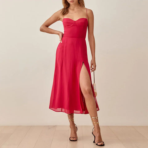 Sonicelife hoco dresses-Dresses For Women 2024 Elegant Evening Party Dress Sleeveless Sweetheart Neck Spaghetti Strap Side Slit Sexy Summer Midi Dress