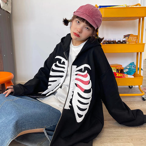 Back To School Sonicelife Harajuku Solid Color Retro Zip-up Y2K Anime Gothic Hoodies Korean Style Loose Skull Print Goth Grunge Long-sleeved Hooded Coats