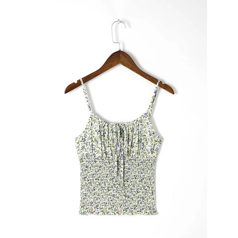 Sonicelife-Tops Women 2024 Sleeveless Neck Tie Smocking Vintage Floral Print Cami Top Adjustable Spaghetti Strap Slim Sexy Summer Crop Top