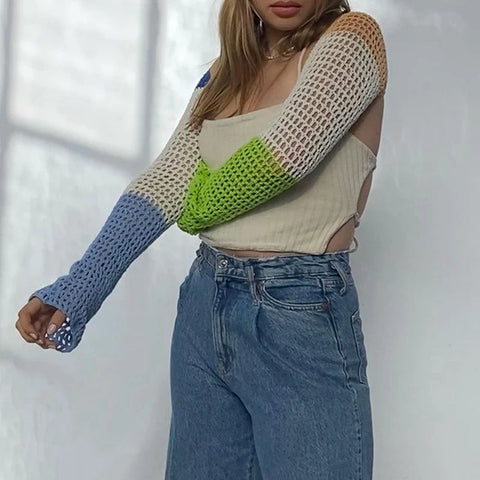 Sonicelife Sexy Crop Top Y2K Patchwork Crocheted Shawl Long Sleeves Mini Cover-ups Knitted Hollow Out T-shirt Women Fashion Streetwear
