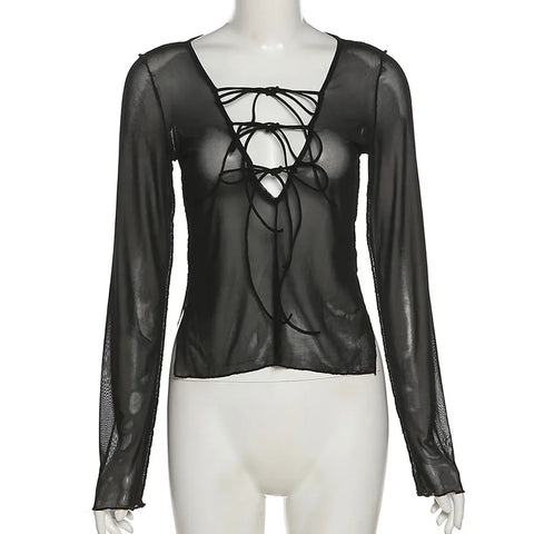 Sonicelife Sexy Mesh See Through Full Sleeve Split Tshirt Transparent Crop Top Lace Up V Neck Gothic Grunge Emo Alt Streetwear Women