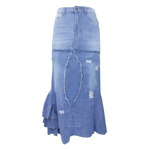 Sonicelife Woman Dress Spring / Summer Wash Vintage Denim Skirt European American Street Casual Irregular High Waist Elegant Long Dress