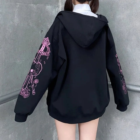 Sonicelife 2024 Fall Fashion Black Sweatshirt Zip-up Long Sleeve Oversize Hoodies Autumn Winter Coat Women Gothic Print Jackets Female Grunge Clothes