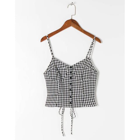 Sonicelife-Summer Tops Women 2024 Fashion Spaghetti Strap Front Button Casual Gingham Crop Top V Neck Sleeveless Back Lace Up Sexy Cami Top