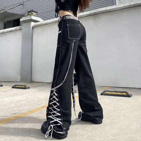 Sonicelife Y2k Baggy Jeans Women Aesthetic LaceUp Patchwork Dark Goth Pants Academia Vintage Streetwear Punk Straight Casual Denim Trousers