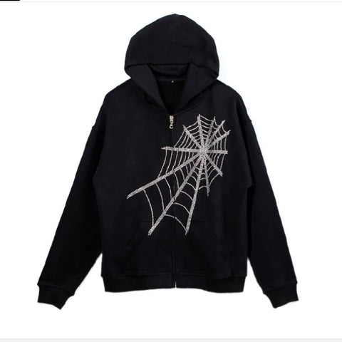 Back To School Sonicelife Y2K Gothic Rhinestone Spider Web Zipper Hoodies Women Harajuku Punk Oversized Sweatshirts Autumn Streetwear Loose Hooded Jacket