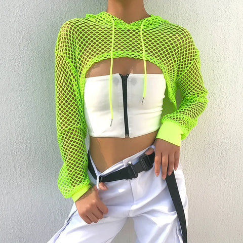 Sonicelife Neon Color Long Sleeve Short Mesh Hoodies Sexy Fishnet Cover Up Crop Tops Women Fashion Hollow Out Smocks for Lady Sporty Beach