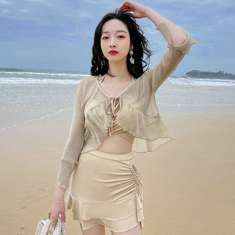 Sonicelife 3 Piece Bikini Set Korean 2024 Cute Swimsuit Women Underwire Ruffle A-Line Skirt High Waist Bikini Cover Up See Through Bikinis