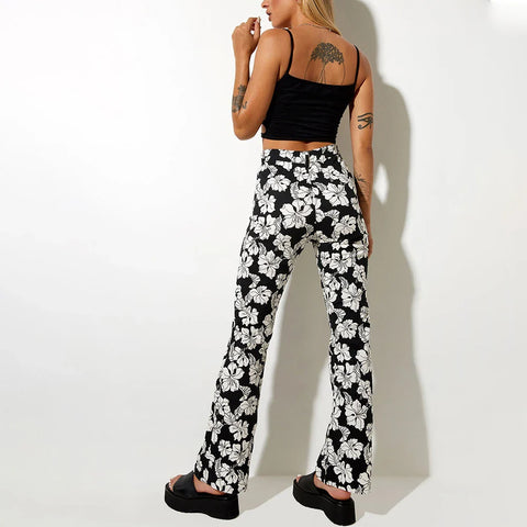 Sonicelife-Fashion Women Clothing 2024 Spring Autumn Zip Up Vintage Floral Print Pants Street Style High Waist Long Flare Pants Trousers