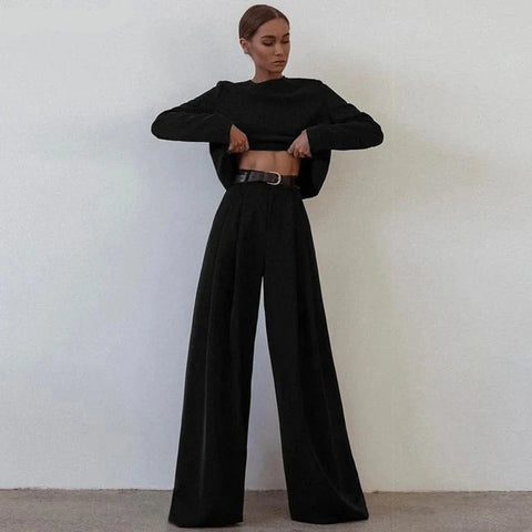 Sonicelife High Waist Wide Leg Suit Tailored Trousers with Long Sleeve Top Set