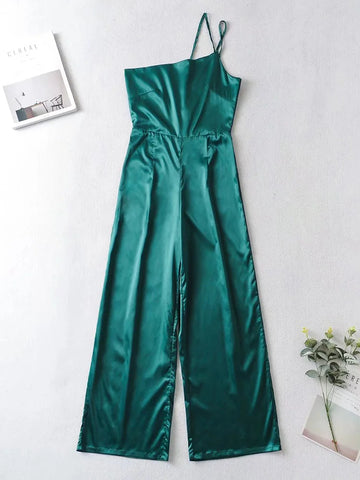 Sonicelife-Summer Jumpsuits Women 2024 Wide Leg Pants One Shoulder Elegant Stain Jumpsuit Sleeveless Strappy Backless Sexy Party Playsuit