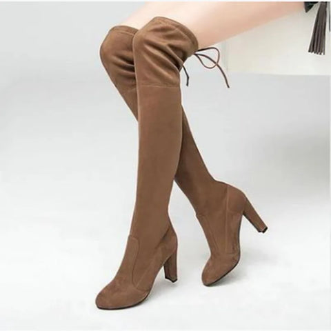 Sonicelife New Women Boot Fashion Suede Women Over The Knee Boot Lace Up Sexy High Heels Shoes Woman Slim Thigh High boot Women fr5