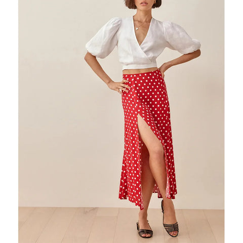 Sonicelife-Summer Skirts Womens 2024 Fashion Women Clothing A Line Casual Polka Dot Skirt High Waist Elegant Sexy Side Slit Midi Skirt