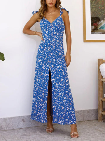 Sonicelife hoco dresses-Summer Women Beach Vacation Floral Maxi Dress With Slit Front Button Up V Neck Sleeveless Ruffle Strap Sexy Backless Long Dress