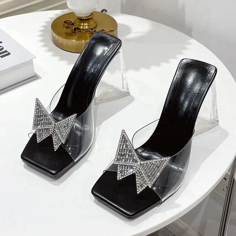 Sonicelife-Fashion Rhinestone Bowtie Buckle Slippers Women Summer PVC Transparent Jelly Sandals Crystal Perspex Heels Ladies Dress Shoes