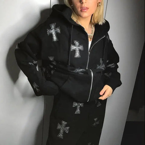 Back To School Sonicelife Y2k Rhinestone Gothic Oversized Hoodies Women Men Hip Hop Joggers Sweatshirt Zipper Punk Jacket+Pant Suit Retro Tracksuit Outfit