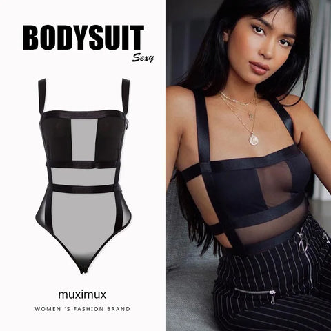 Sonicelife Fashion Women Sexy Solid Black Bodysuit Hollow Out Club Strap Bodycon Body Tops 2024 Summer Casual Party Bodysuit Female