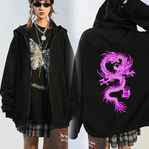 Back To School Sonicelife Chinese Dragon Print Gothic Streetwear Long Sleeve Zip Up Hoodies Y2k Grunge Clothes Sweatshirt Fashion Punk Sport Coat Pullover