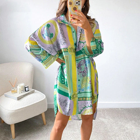 Sonicelife hoco dresses Vintage Graphic Print Shirt Dress Sexy Women V Neck Long Sleeve Blue Green Loose Beach Syle Party Casual Mini Dresses Autumn