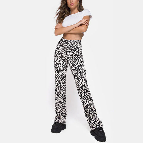 Sonicelife-Vintage Zebra Animal Print Pants Long Trousers 2024 Fashion Women Clothing Slim Fitting Flared Leg High Waist Streetwear Pants