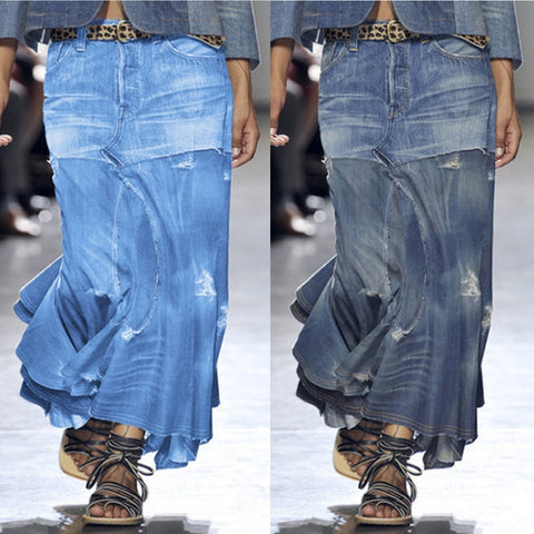 Sonicelife Woman Dress Spring / Summer Wash Vintage Denim Skirt European American Street Casual Irregular High Waist Elegant Long Dress