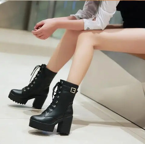 Sonicelife Spring Autumn Fashion Women Boots High Heels Platform Buckle Lace Up Leather Short Booties Black Ladies Shoes Promotion 745