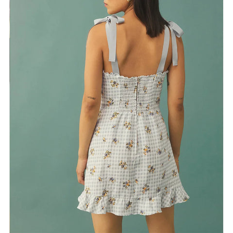 Sonicelife hoco dresses-Casual Dresses For Women 2024 Elegant Sweetheart Neck Sleeveless Tie Strap Summer Dress Floral Print Plaid Ruffle Hem Mini Dress