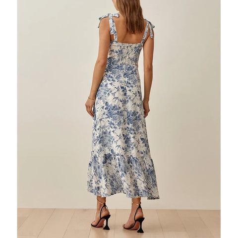 Sonicelife hoco dresses-Dresses For Women 2024 Party Sexy Strap Tie Ruffle Hem Elegant Chiffon Midi Dress Vintage Swallow And Floral Print Summer Dress