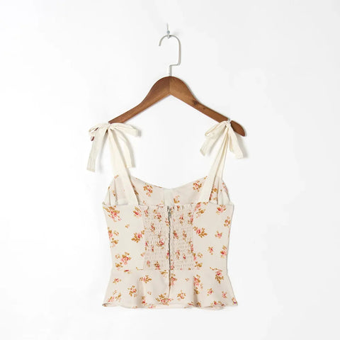 Sonicelife-Vintage Floral Print Crop Top Sweetheart Neck Ruffle Hem Elegant Peplum Top Sleeveless Tie Strap Sexy Summer Tops Women 2024