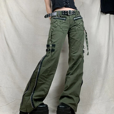 Sonicelife y2k Grunge Green Zipper Jeans Bandage Low Waist Cargo Pants Gothic Punk Baggy Retro Kawaii Trousers Women Korean Sweatpants