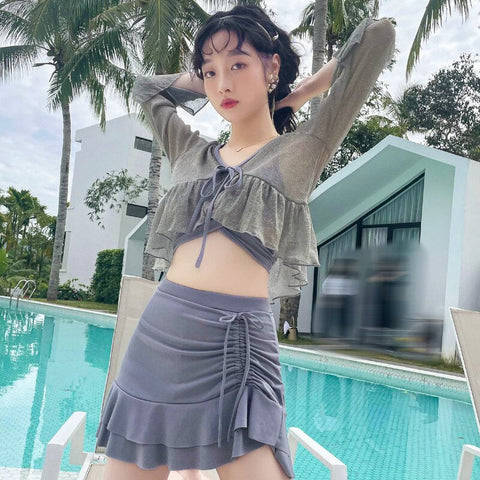 Sonicelife 3 Piece Bikini Set Korean 2024 Cute Swimsuit Women Underwire Ruffle A-Line Skirt High Waist Bikini Cover Up See Through Bikinis