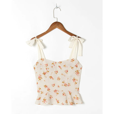 Sonicelife-Vintage Floral Print Crop Top Sweetheart Neck Ruffle Hem Elegant Peplum Top Sleeveless Tie Strap Sexy Summer Tops Women 2024