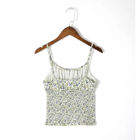 Sonicelife-Tops Women 2024 Sleeveless Neck Tie Smocking Vintage Floral Print Cami Top Adjustable Spaghetti Strap Slim Sexy Summer Crop Top