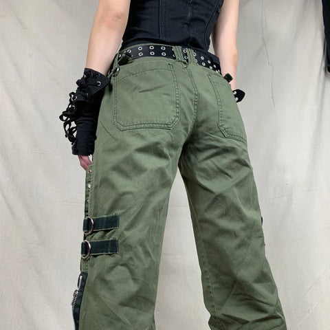 Sonicelife y2k Grunge Green Zipper Jeans Bandage Low Waist Cargo Pants Gothic Punk Baggy Retro Kawaii Trousers Women Korean Sweatpants