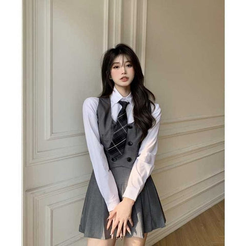 Sonicelife College Style Japanese Fashion Jk Suit School Uniform Girl Outfit Casual Vest Jacket Tie Pleated Skirt Shirt Slim Women 4Pcs 0508