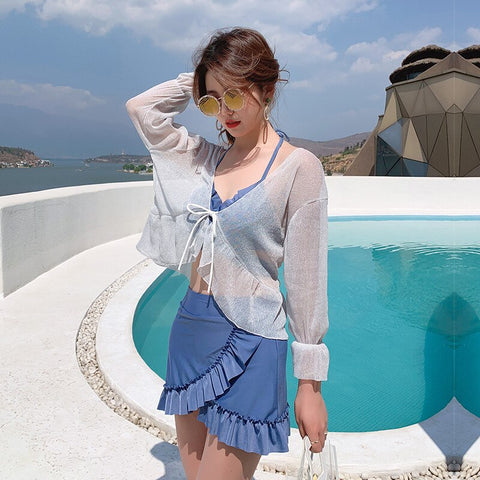 Sonicelife 3 Piece Bikini Set Korean 2024 Cute Swimsuit Women Underwire Ruffle A-Line Skirt High Waist Bikini Cover Up See Through Bikinis