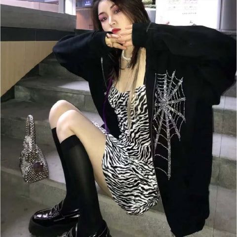 Back To School Sonicelife Y2K Gothic Rhinestone Spider Web Zipper Hoodies Women Harajuku Punk Oversized Sweatshirts Autumn Streetwear Loose Hooded Jacket