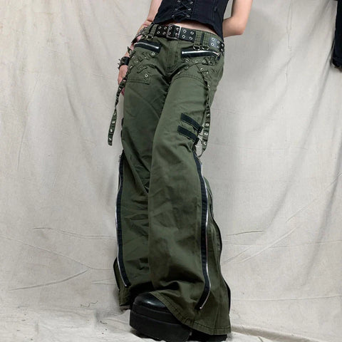 Sonicelife y2k Grunge Green Zipper Jeans Bandage Low Waist Cargo Pants Gothic Punk Baggy Retro Kawaii Trousers Women Korean Sweatpants