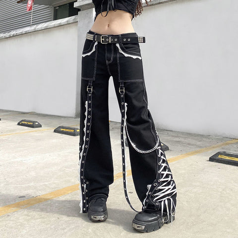 Sonicelife Y2k Baggy Jeans Women Aesthetic LaceUp Patchwork Dark Goth Pants Academia Vintage Streetwear Punk Straight Casual Denim Trousers