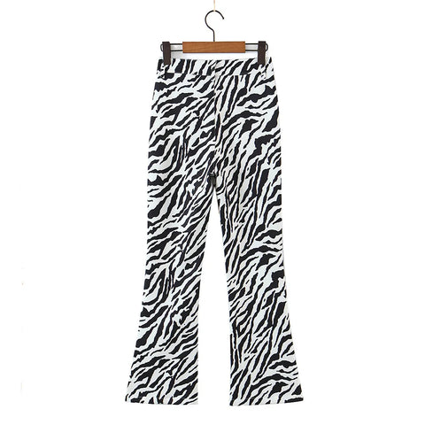 Sonicelife-Vintage Zebra Animal Print Pants Long Trousers 2024 Fashion Women Clothing Slim Fitting Flared Leg High Waist Streetwear Pants