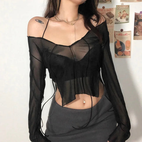 Sonicelife Sexy Mesh See Through Full Sleeve Split Tshirt Transparent Crop Top Lace Up V Neck Gothic Grunge Emo Alt Streetwear Women