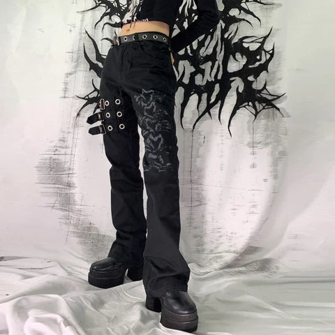 Sonicelife Punk Style Grunge Black Jeans y2k Bandage Cargo Pants Vintage Gothic Buckle Sweatpants Women Long Trousers Harajuku Streetwear