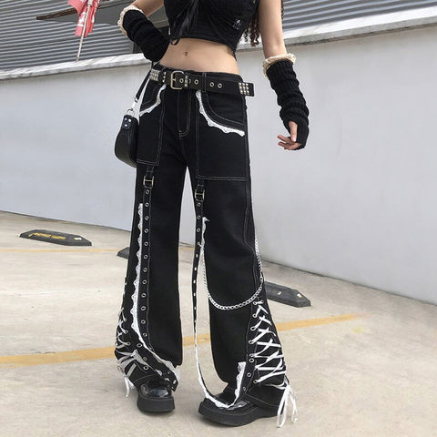 Sonicelife Y2k Baggy Jeans Women Aesthetic LaceUp Patchwork Dark Goth Pants Academia Vintage Streetwear Punk Straight Casual Denim Trousers